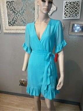 Gianni Bini Turquoise Wrap Dress with Ruffle Trim